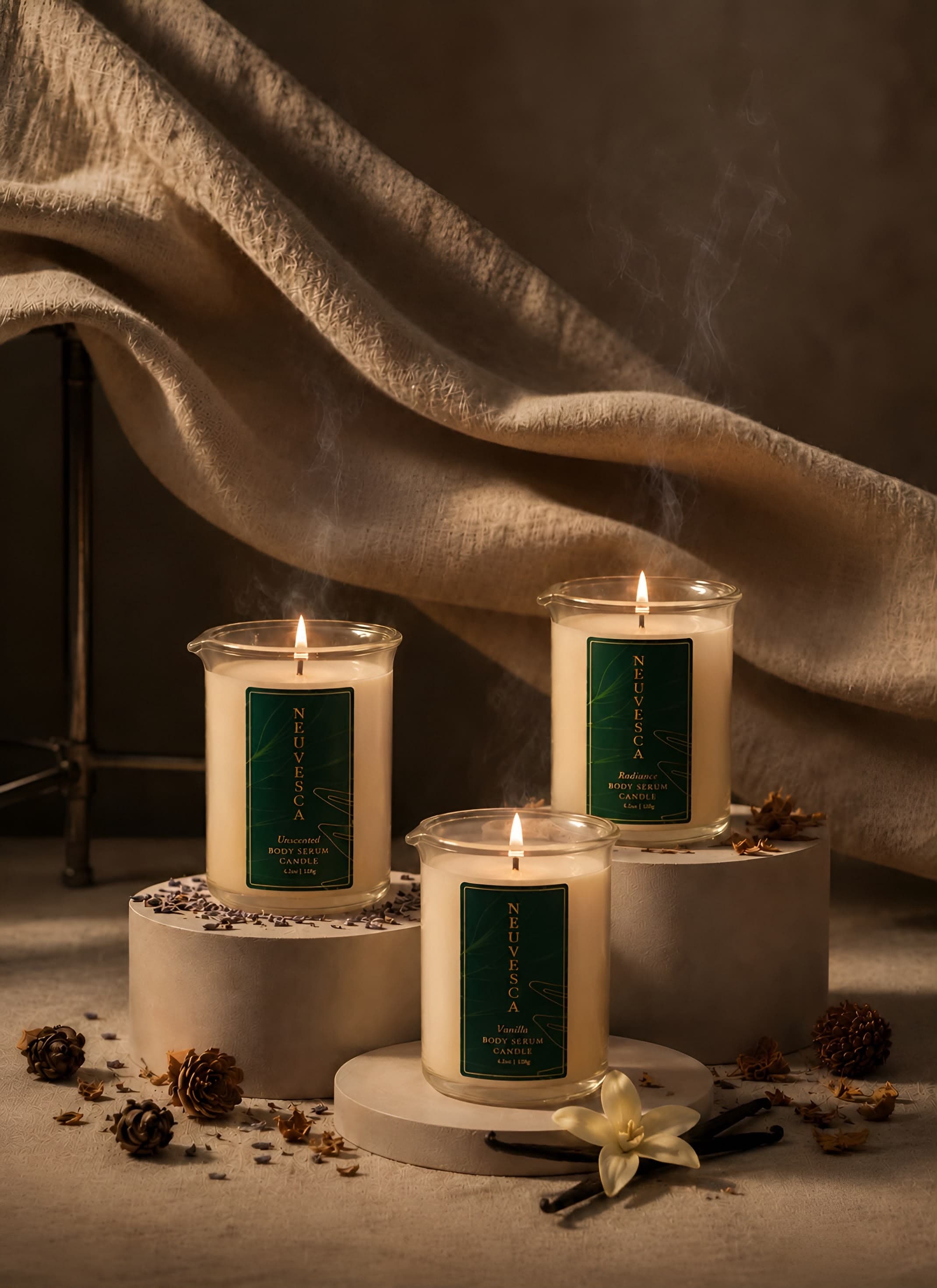A stack of Neuvesca body serum candle jars beside driftwood.